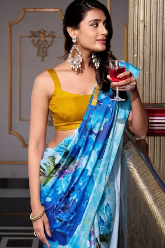 Sea blue satin silk printed saree with hotfix work unstitched blouse