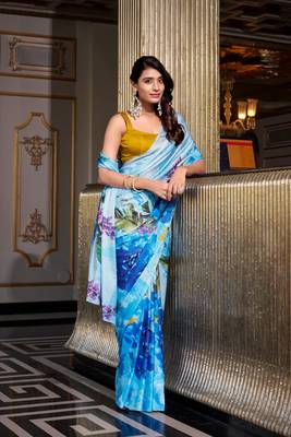 Sea blue satin silk printed saree with hotfix work unstitched blouse 5