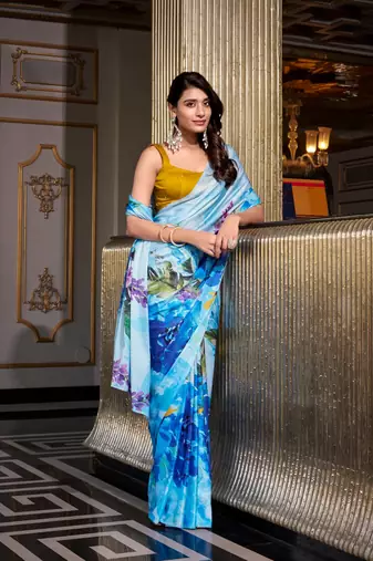 Sea blue satin silk printed saree with hotfix work unstitched blouse