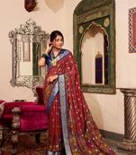 Maroon poly cotton kalamkari printed saree with unstitched blouse