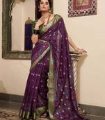 Wine poly cotton kalamkari printed saree with unstitched blouse
