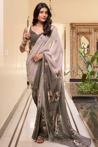 Chiku weightless marbal printed & trim lace border saree with unstitched blouse