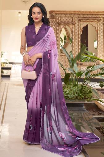 Lavender weightless marbal printed & trim lace border saree with unstitched blouse