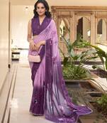 Lavender weightless marbal printed & trim lace border saree with unstitched blouse