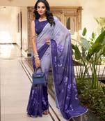 Purple weightless marbal printed & trim lace border saree with unstitched blouse