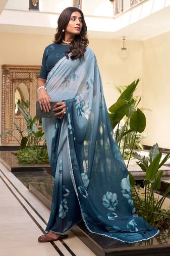 Rama weightless marbal printed & trim lace border saree with unstitched blouse