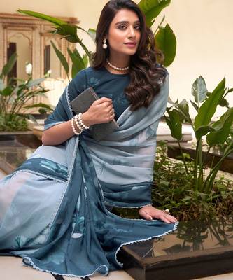 Rama weightless marbal printed & trim lace border saree with unstitched blouse 4