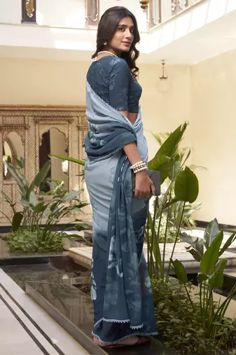 Rama weightless marbal printed & trim lace border saree with unstitched blouse