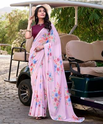 Baby pink marbal printed pearl border saree with unstitched blouse 1