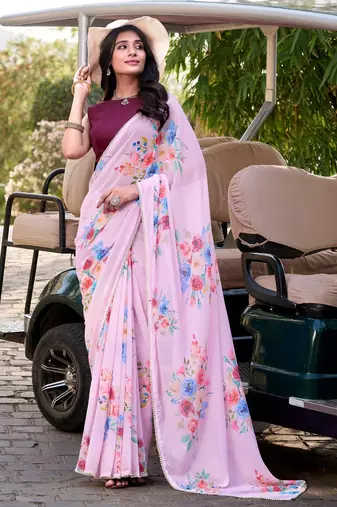 Baby pink marbal printed pearl border saree with unstitched blouse
