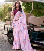 Baby pink marbal printed pearl border saree with unstitched blouse