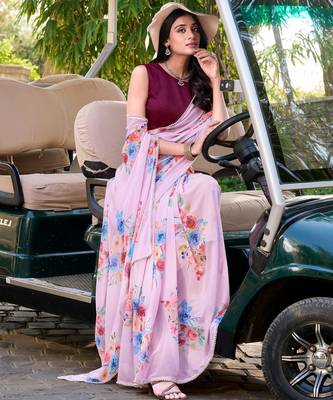 Baby pink marbal printed pearl border saree with unstitched blouse 2