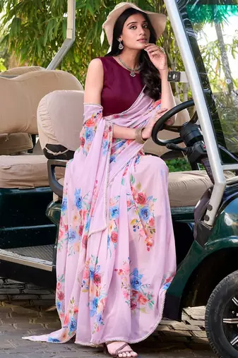 Baby pink marbal printed pearl border saree with unstitched blouse