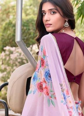 Baby pink marbal printed pearl border saree with unstitched blouse 3