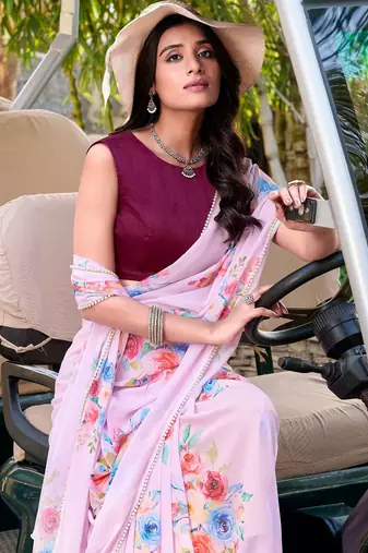 Baby pink marbal printed pearl border saree with unstitched blouse