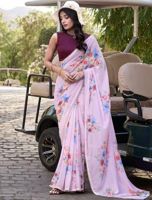 Baby pink marbal printed pearl border saree with unstitched blouse 5