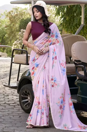 Baby pink marbal printed pearl border saree with unstitched blouse