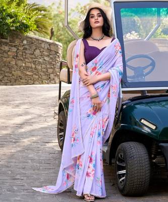 Lavender marbal printed pearl border saree with unstitched blouse 1