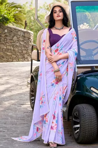 Lavender marbal printed pearl border saree with unstitched blouse