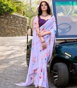 Lavender marbal printed pearl border saree with unstitched blouse