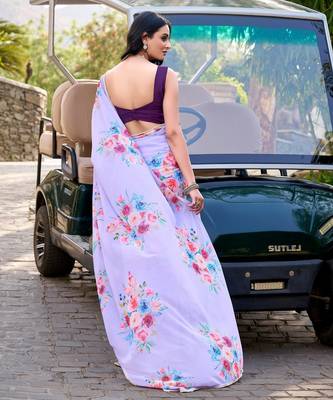 Lavender marbal printed pearl border saree with unstitched blouse 2