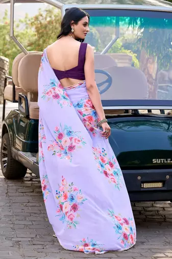 Lavender marbal printed pearl border saree with unstitched blouse