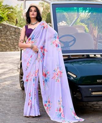 Lavender marbal printed pearl border saree with unstitched blouse 3