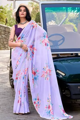 Lavender marbal printed pearl border saree with unstitched blouse