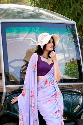 Lavender marbal printed pearl border saree with unstitched blouse 4
