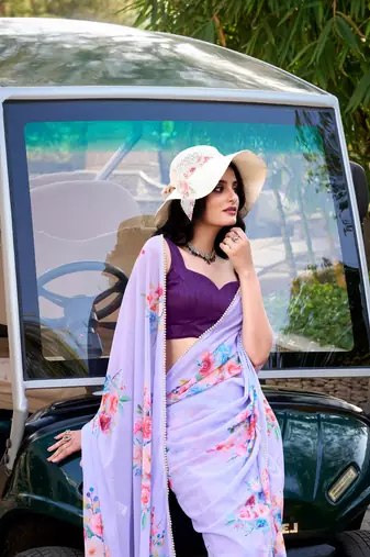 Lavender marbal printed pearl border saree with unstitched blouse
