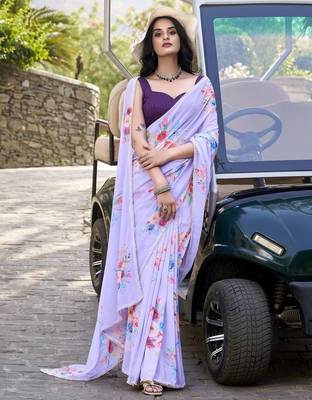 Lavender marbal printed pearl border saree with unstitched blouse 5
