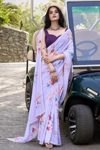 Lavender marbal printed pearl border saree with unstitched blouse
