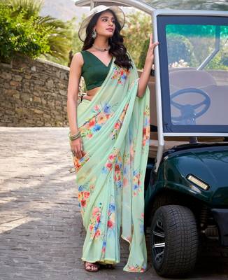 Pista marbal printed pearl border saree with unstitched blouse 1