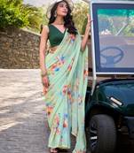Pista marbal printed pearl border saree with unstitched blouse