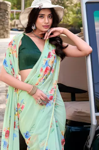 Pista marbal printed pearl border saree with unstitched blouse