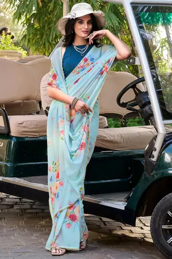 Sea blue marbal printed pearl border saree with unstitched blouse