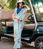 Sea blue marbal printed pearl border saree with unstitched blouse