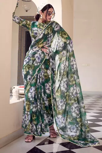 Green weightless marbal printed & peral lace border saree with unstitched blouse