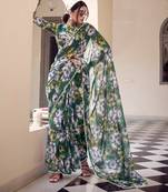 Green weightless marbal printed & peral lace border saree with unstitched blouse