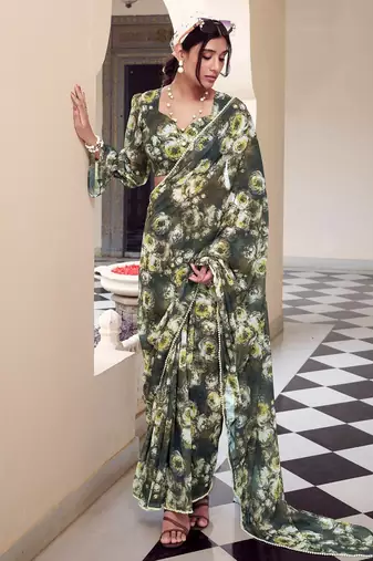 Mehendi weightless marbal printed & peral lace border saree with unstitched blouse