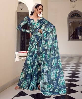 Navy blue weightless marbal printed & peral lace border saree with unstitched blouse 1