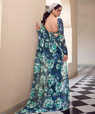 Navy blue weightless marbal printed & peral lace border saree with unstitched blouse 2