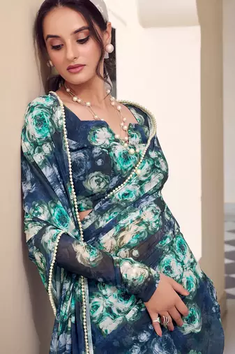Navy blue weightless marbal printed & peral lace border saree with unstitched blouse