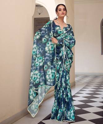 Navy blue weightless marbal printed & peral lace border saree with unstitched blouse 4