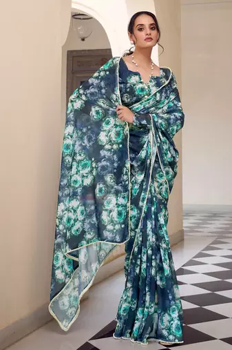 Navy blue weightless marbal printed & peral lace border saree with unstitched blouse