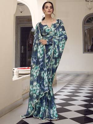 Navy blue weightless marbal printed & peral lace border saree with unstitched blouse 5