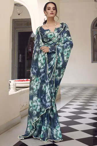 Navy blue weightless marbal printed & peral lace border saree with unstitched blouse