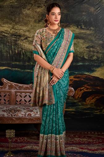 Green silk madhubani & bandhej fusion print saree with unstitched blouse