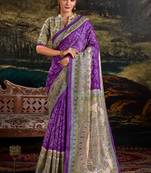Purple silk madhubani & bandhej fusion print saree with unstitched blouse