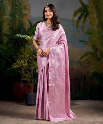 Baby pink art kanjivaram silk zari weaving saree with unstitched blouse 1